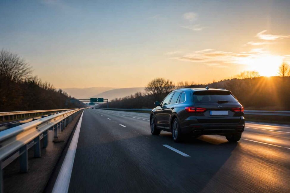 Czarny samochód jedzie autostradą o zachodzie słońca, a w tle widać wzgórza i drogowskazy